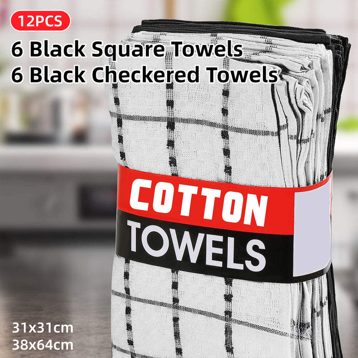 12pcs Cotton Dish Towel Set, Black White Checkered Kitchen Cleaner