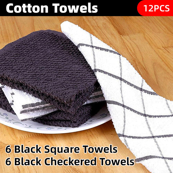 12pcs Cotton Dish Towel Set, Black White Checkered Kitchen Cleaner