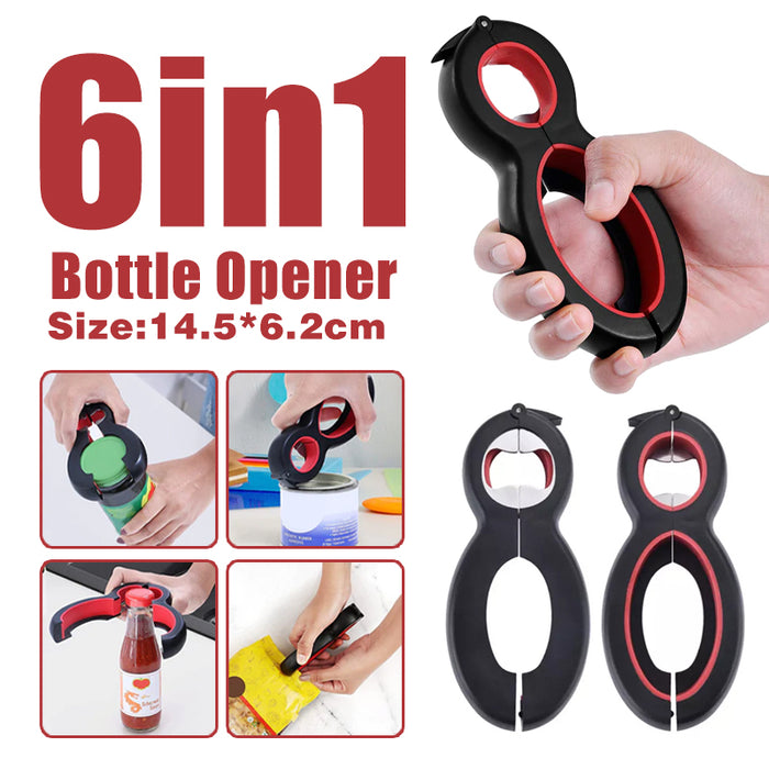 6-in-1 Can and Jar Opener with Bag Cutter Black Red, 14.5×6.2 cm