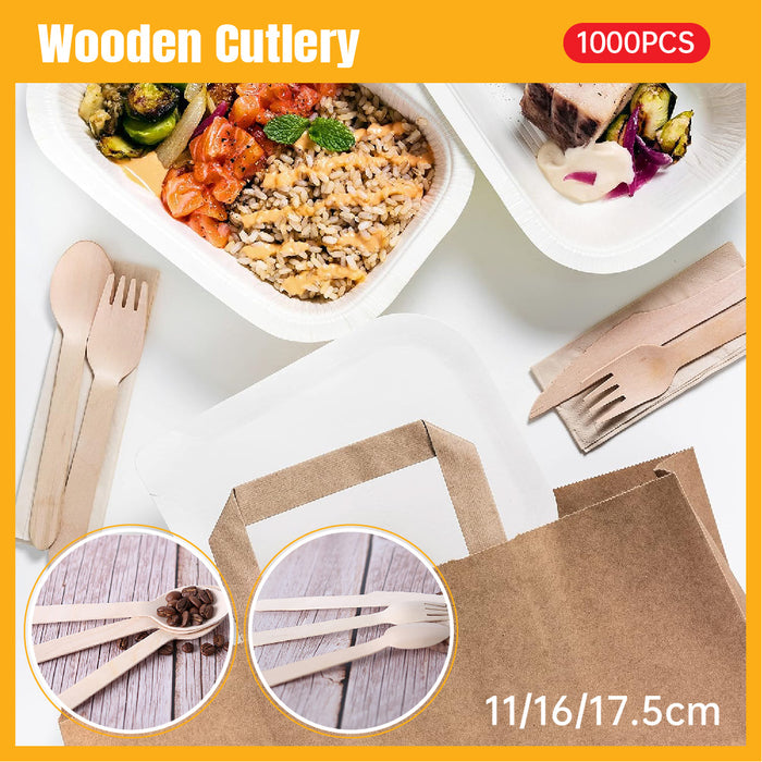 1000 Pcs Wooden Cutlery Set Spoon Fork Knife Teaspoon 16 17.5cm