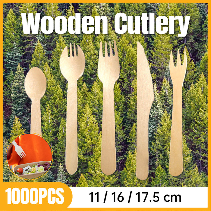 1000 Pcs Wooden Cutlery Set Spoon Fork Knife Teaspoon 16 17.5cm