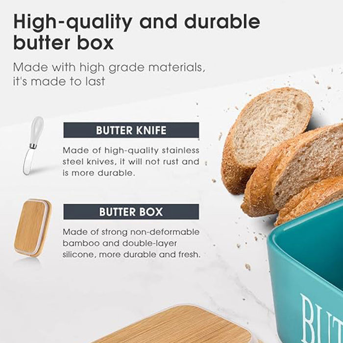 Ceramic Butter Box with Bamboo Lid Knife Slot 14.5cm