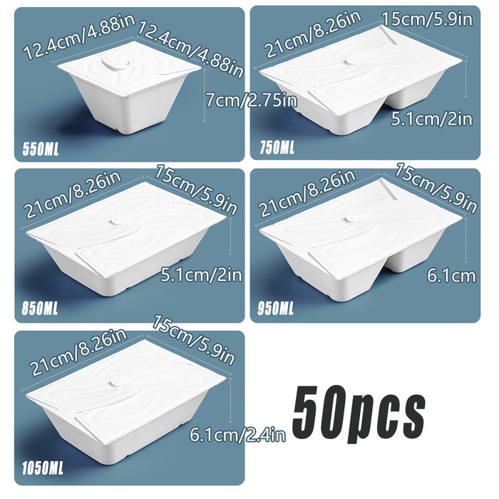 50 Pcs Pulp Salad and Fruit Lunch Boxes Four-Turn Lid White 5 Sizes 550-1050 ml
