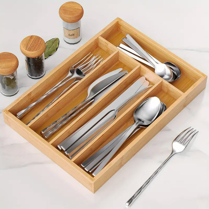Bamboo Cutlery Organiser Kitchen Drawer Storage Tray for Utensils and Cutlery