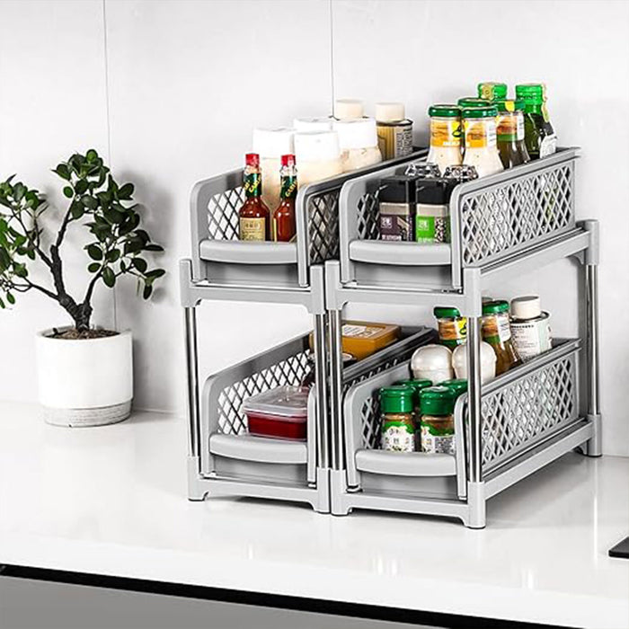 2 Tier Spice Rack Storage Organiser Plastic with Pull-Out Drawer