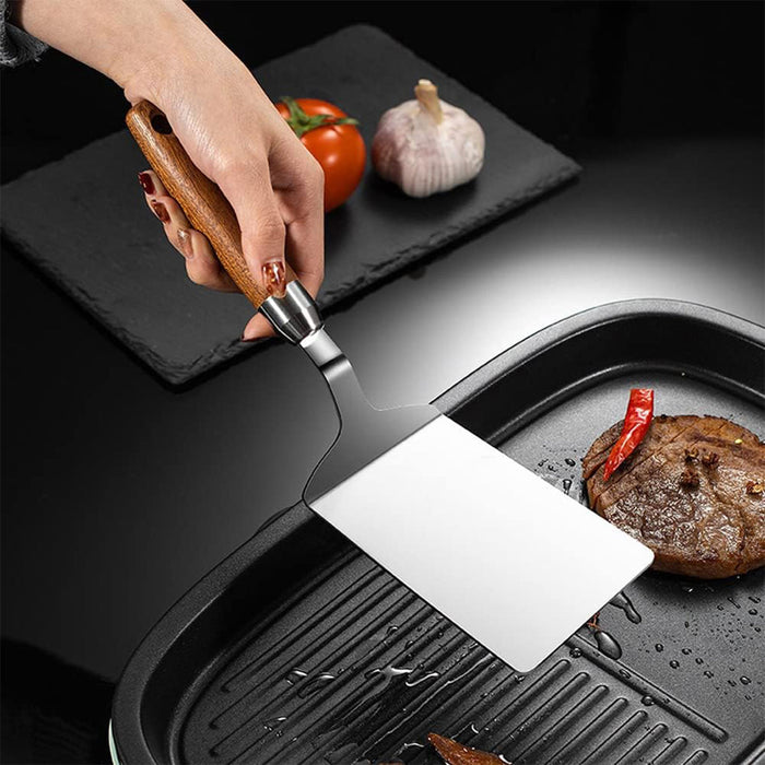 Stainless Steel Cooking Spatula Wide Blade Wooden Handle