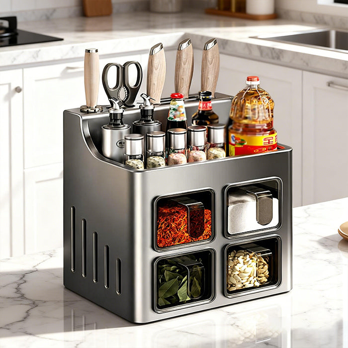 Wall-Mounted Spice Rack with Knife Holder 4 Sealed Drawers