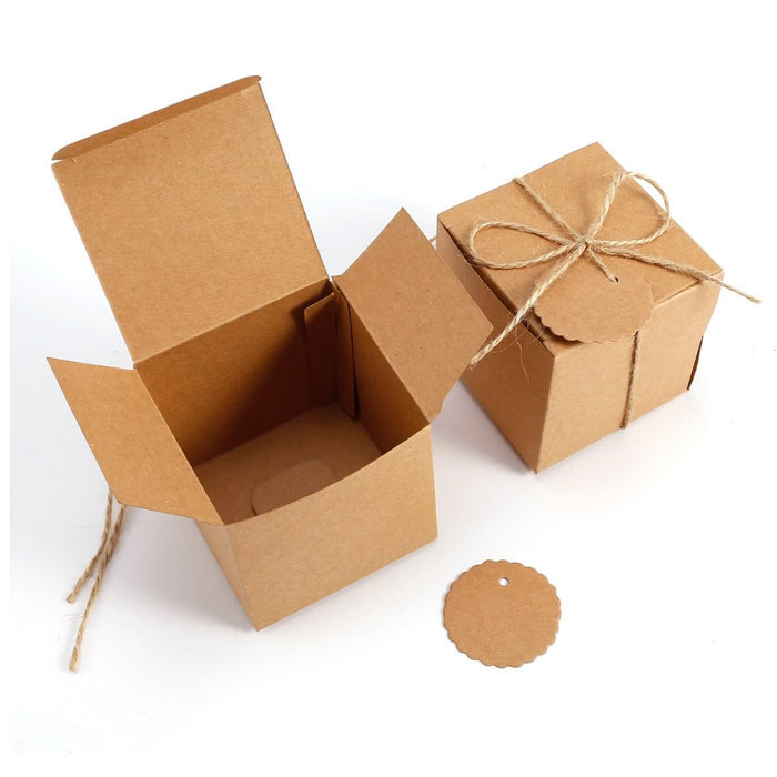 50 Pcs Kraft Paper Gift Boxes 7x7x7cm with Rope and Tags