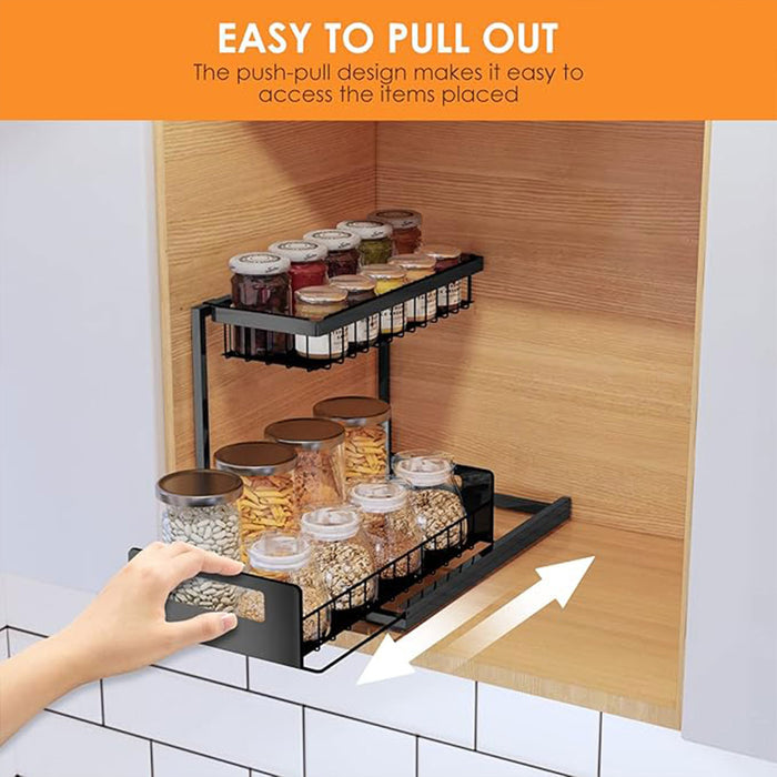 Two Tier Metal Storage Rack with Sliding Basket Black