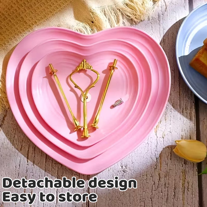 3 Pcs 3-Tier Porcelain Dessert Stand with Gold Heart Handle 26 x 33 cm