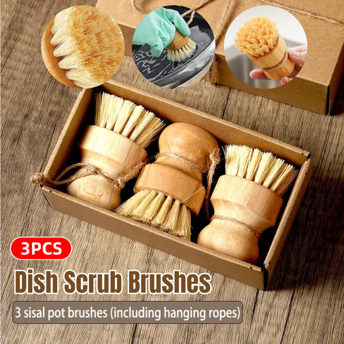 3 Pcs Dishwashing Brush Set Short Handle Natural Fibre
