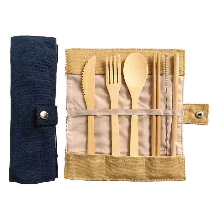 7 Pcs Reusable Bamboo Cutlery Set for Camping with Pouch