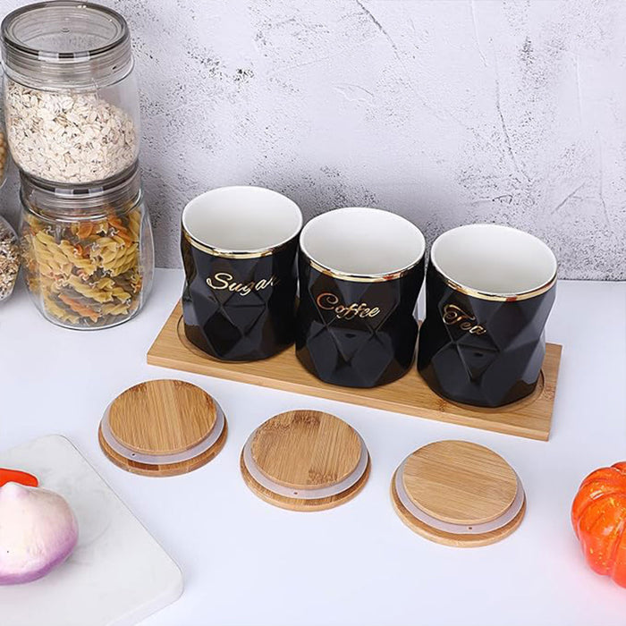 3 Pcs Ceramic Airtight Storage Jars with Bamboo Lids and Tray