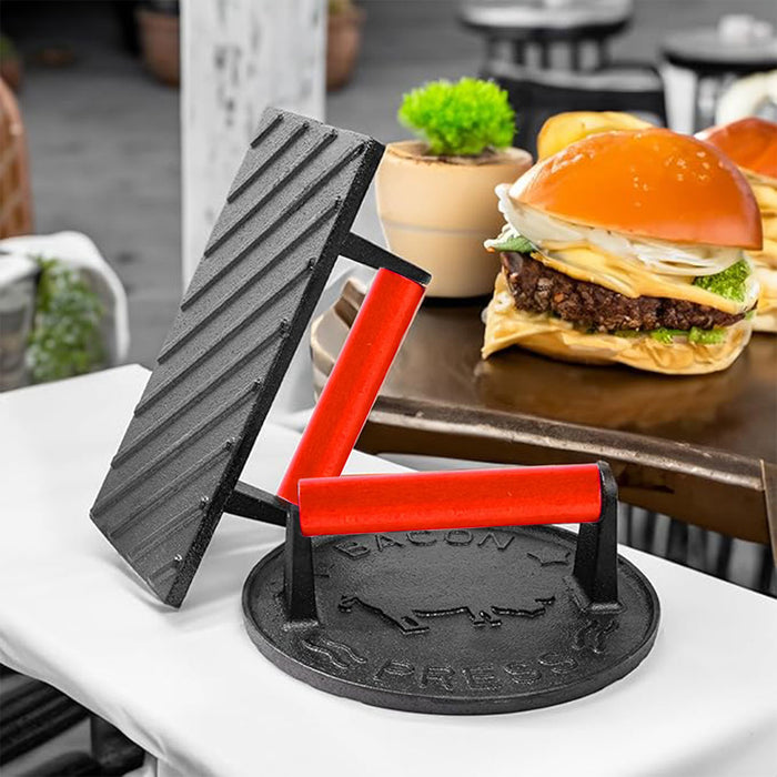 2PCS Cast Iron Meat Press Beech Wood Handle Round Square