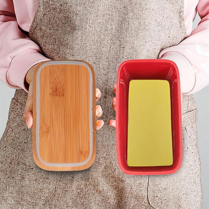 Ceramic Butter Box with Bamboo Lid Knife Slot 14.5cm