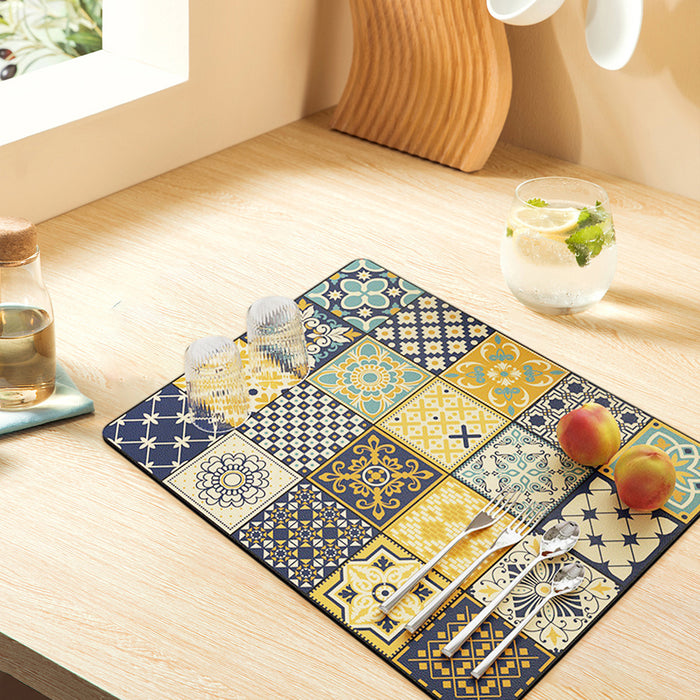 Absorbent Kitchen Drain Mat Non-Slip Countertop Drying Pad Mosaic Pattern 40x30cm