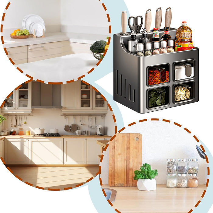 Wall-Mounted Spice Rack with Knife Holder 4 Sealed Drawers