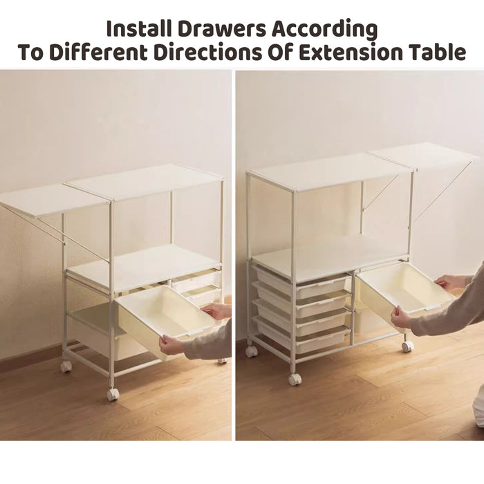 Movable Multilayer Side Table with Foldable Extension and Drawers