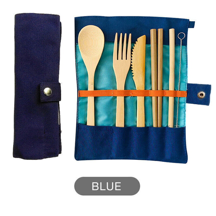 7 Pcs Reusable Bamboo Cutlery Set for Camping with Pouch