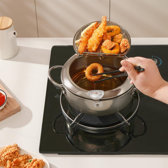 304 Stainless Steel Japanese Tempura Fryer 4.2L Oil-Saving with Thermometer