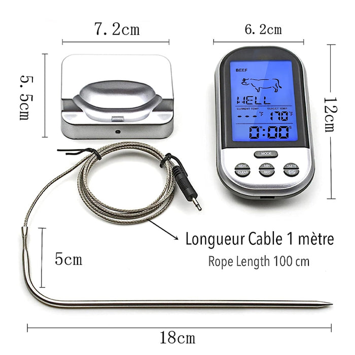 Wireless Remote Cooking Thermometer with Timer, Silver Grey