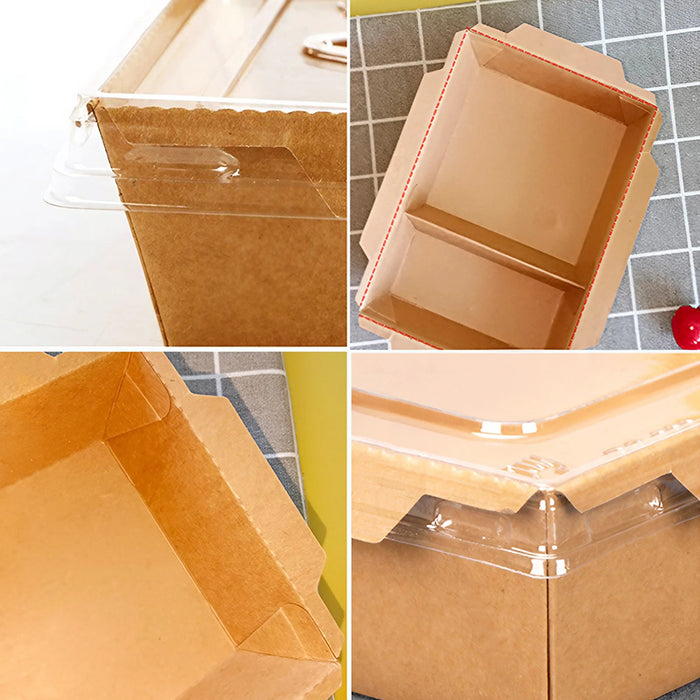 200Pcs Brown Kraft Paper Lunch Boxes with PET Lid Leakproof Compostable