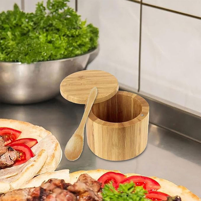 Bamboo Salt Box With Magnetic Swivel Lid And Spoon