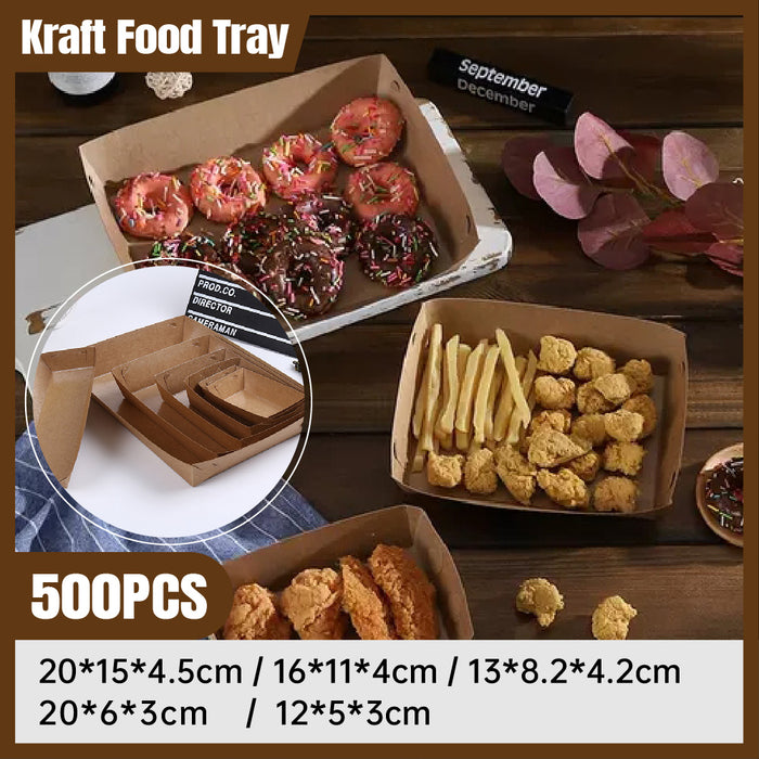500PCS Kraft Cardboard Food Disposable Tray Brown Party Chips Takeaway Container