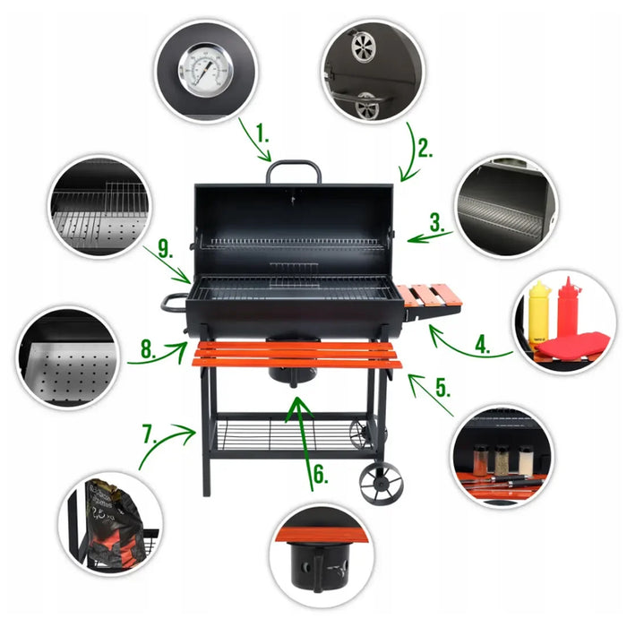 Portable Outdoor Charcoal BBQ Grill with Thermometer Wooden Shelf 105.5 x 85 x 118 cm