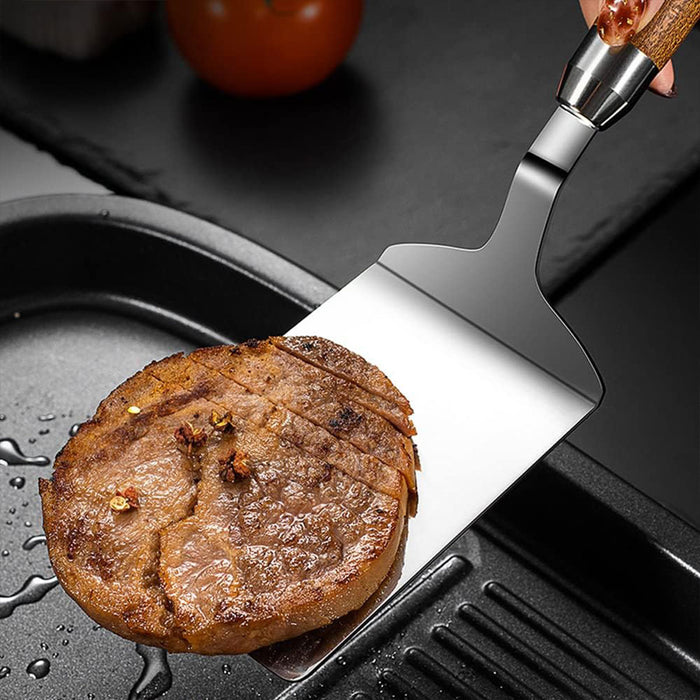 Stainless Steel Cooking Spatula Wide Blade Wooden Handle