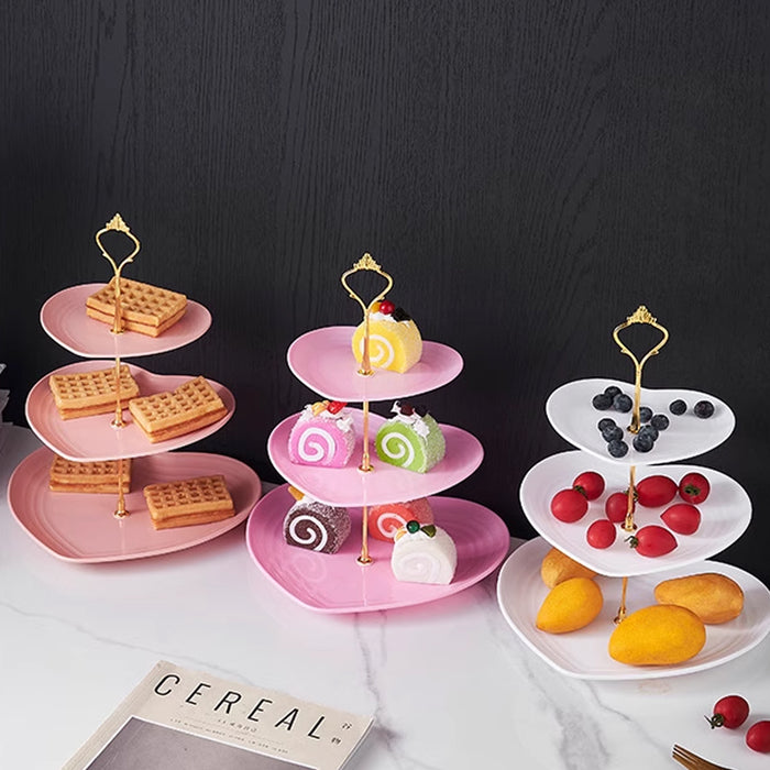 3 Pcs 3-Tier Porcelain Dessert Stand with Gold Heart Handle 26 x 33 cm