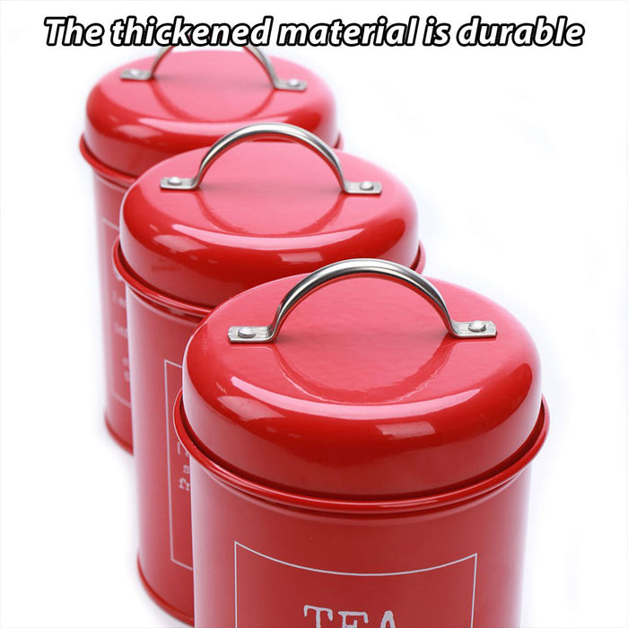 3 Pcs Airtight Storage Jars with Handles Red Metal Set