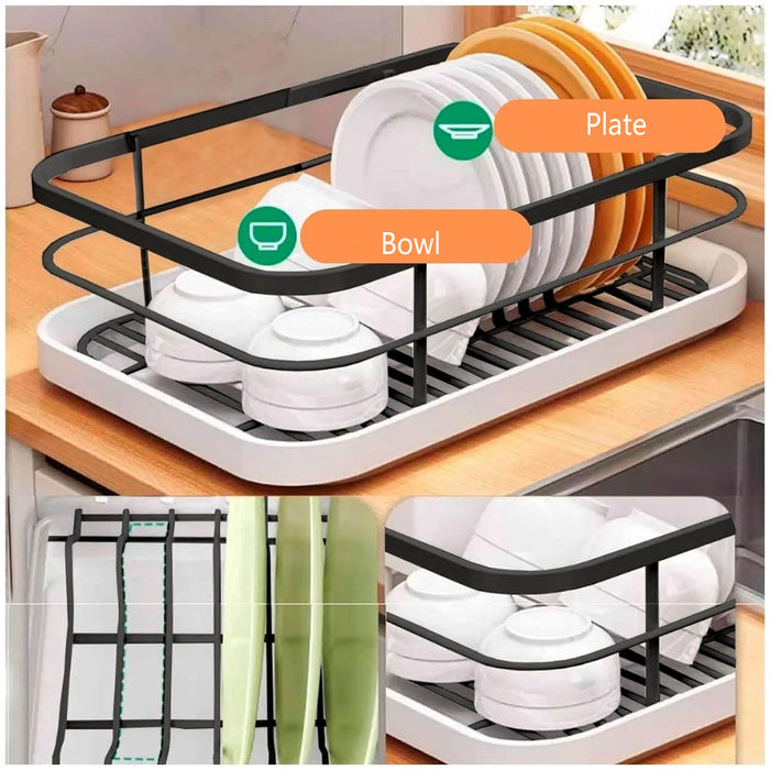 Kitchen Dish Drying Rack With Drainage Tube Tray Black