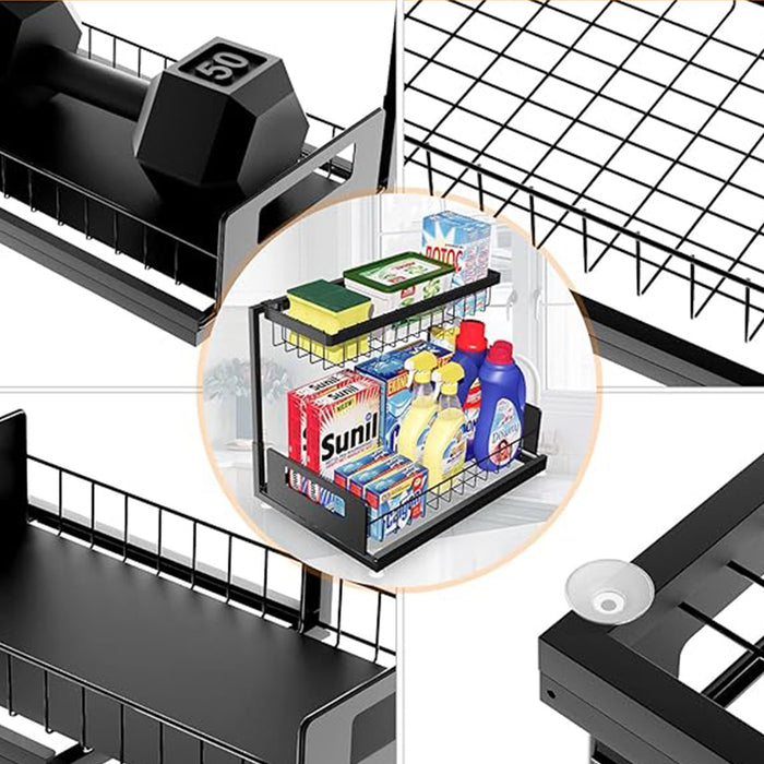 Two Tier Metal Storage Rack with Sliding Basket Black