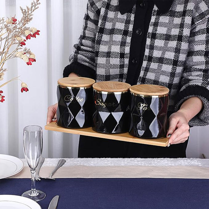 3 Pcs Ceramic Airtight Storage Jars with Bamboo Lids and Tray