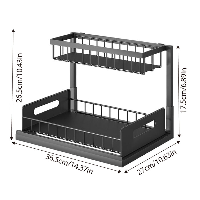 Two Tier Metal Storage Rack with Sliding Basket Black