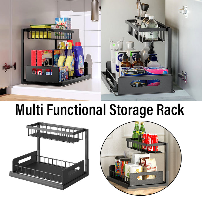 Two Tier Metal Storage Rack with Sliding Basket Black