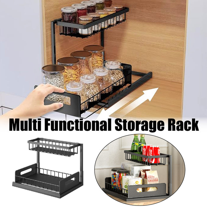Two Tier Metal Storage Rack with Sliding Basket Black