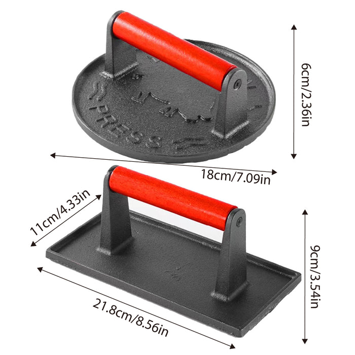 2PCS Cast Iron Meat Press Beech Wood Handle Round Square