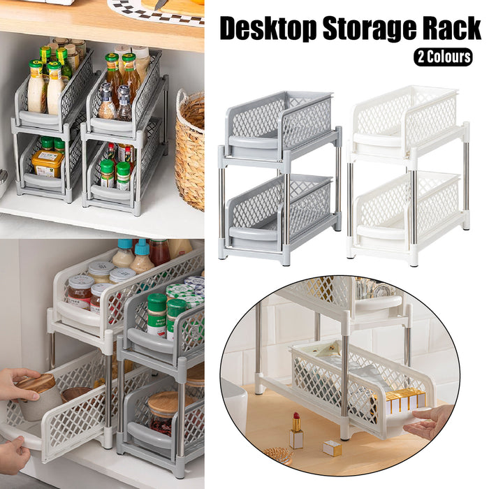 2 Tier Spice Rack Storage Organiser Plastic with Pull-Out Drawer