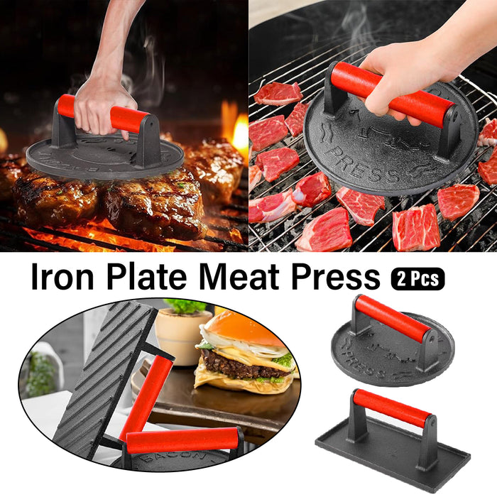 2PCS Cast Iron Meat Press Beech Wood Handle Round Square