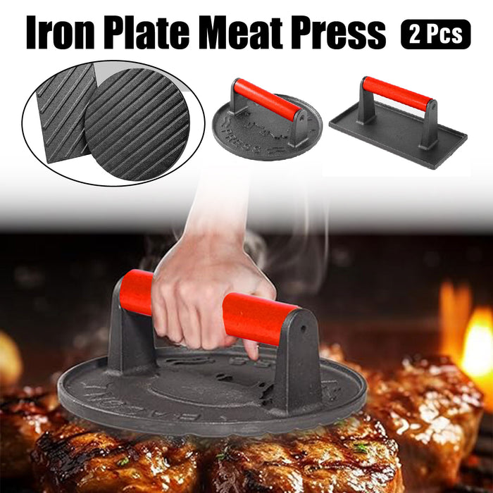 2PCS Cast Iron Meat Press Beech Wood Handle Round Square
