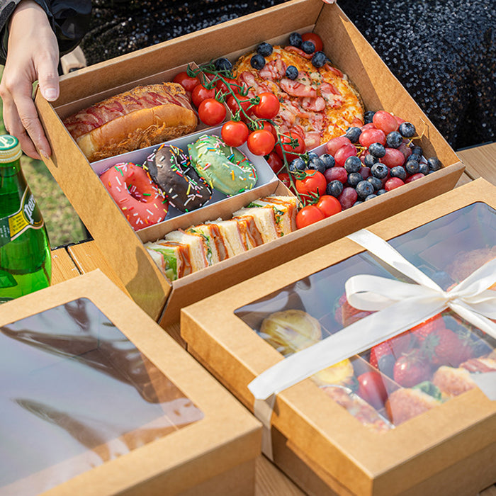 10 Pcs Camping Picnic Bento Boxes with Clear Window Eco-Friendly Cowhide Paper