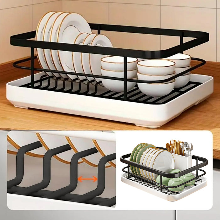 Kitchen Dish Drying Rack With Drainage Tube Tray Black