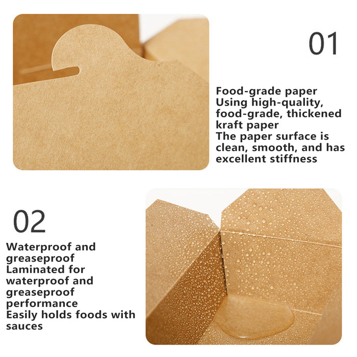 50PCS Disposable Kraft Paper Food Boxes, PE-Coated, Leak-Resistant, 750ml/1400ml