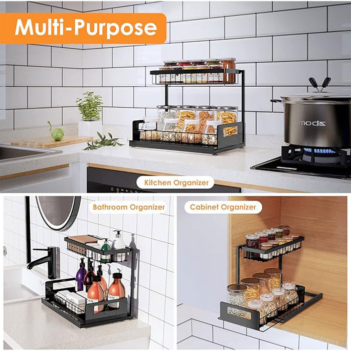 Two Tier Metal Storage Rack with Sliding Basket Black