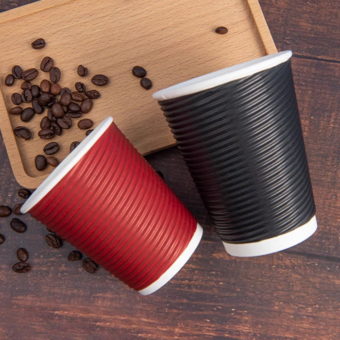 50 Sets Corrugated Paper Cups With White Lids 8oz 12oz 14oz 16oz