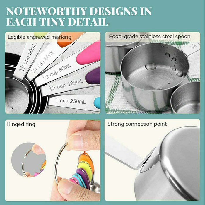 10 Pcs Measuring Spoons and Cups 430 Steel Silicone Scale