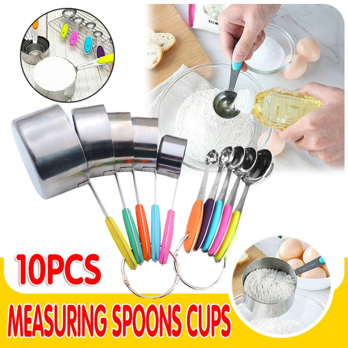 10 Pcs Measuring Spoons and Cups 430 Steel Silicone Scale