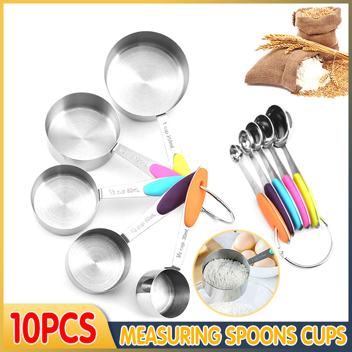 10 Pcs Measuring Spoons and Cups 430 Steel Silicone Scale
